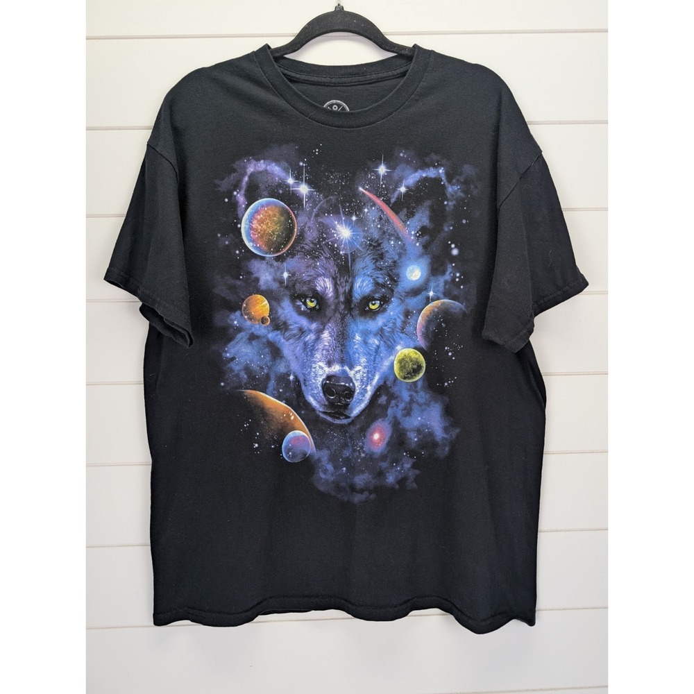 DOM Galaxy Wolf T-shirt Men XL Black Galaxy Planets Space Celestial Animal Y2K